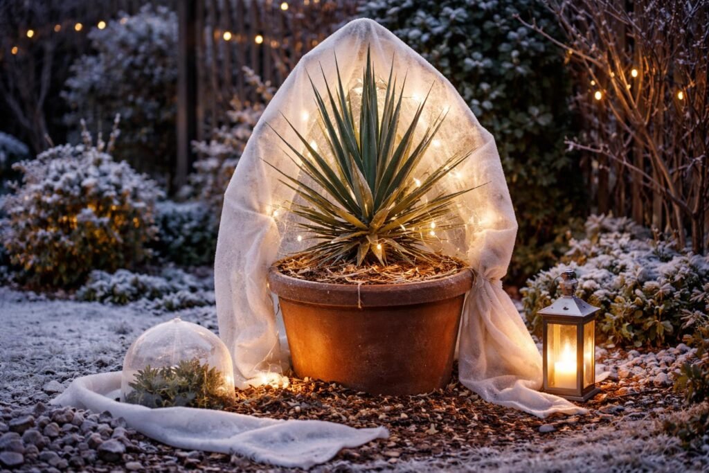 Aloe-Palmlilie (Yucca aloifolia): Pflege, Vermehrung und Schutz vor Frost Yucca aloifolia im Winter geschützt durch Abdeckungen, Mulch und frostresistente Maßnahmen.