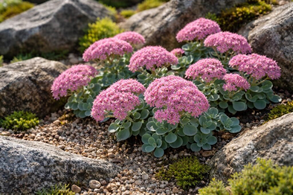 Nahaufnahme von Hylotelephium cauticola im Steingarten, robuste Blütezeit im Fokus.