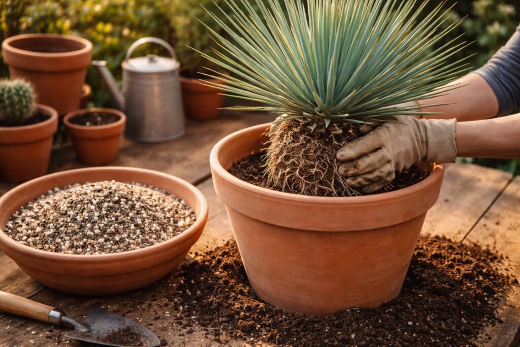 Blaue Mexikanische Palmlilie (Yucca rigida): Pflege, Standort und Überwinterung - Nahaufnahme der Yucca rigida beim Umtopfen in frische, gut durchlässige Erde