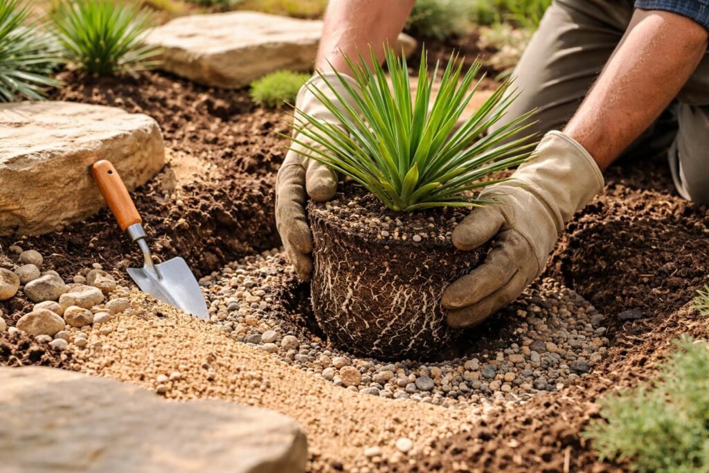 Felsen-Palmlilie (Yucca rupicola): Pflege der kompakten Yucca für Steingärten Kompakte Yucca im Steingarten, sorgfältige Pflanzung zwischen Steinen und Kies.