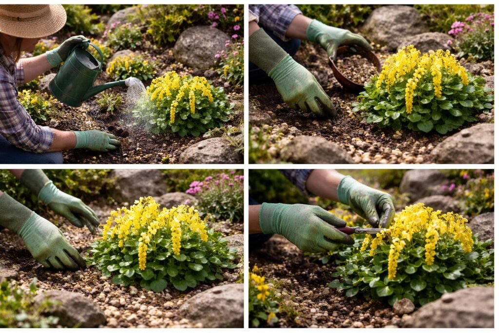 Goldtröpfchen (Chiastophyllum oppositifolium): Pflege und Standort der gelb blühenden Polsterstaude - gelbblühende Goldtröpfchen-Staude wird fachgerecht gepflegt und sorgfältig am geeigneten Standort gewählt.