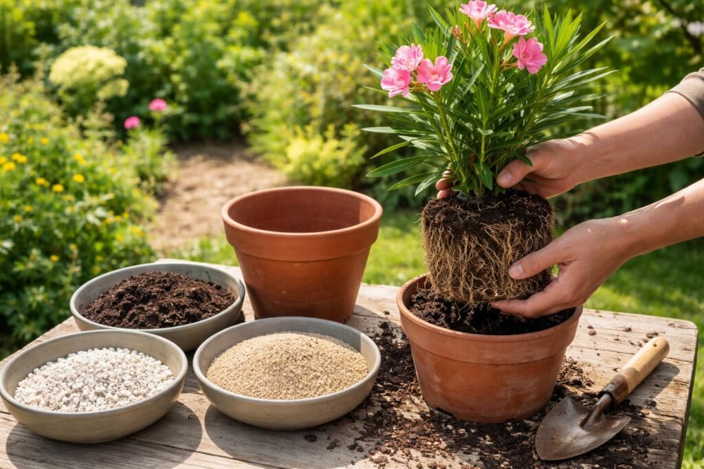 Welche Erde eignet sich für Oleander? Geeignetes Substrat für Oleander: locker, gut drainiert, humusarm, mit Sandanteil.