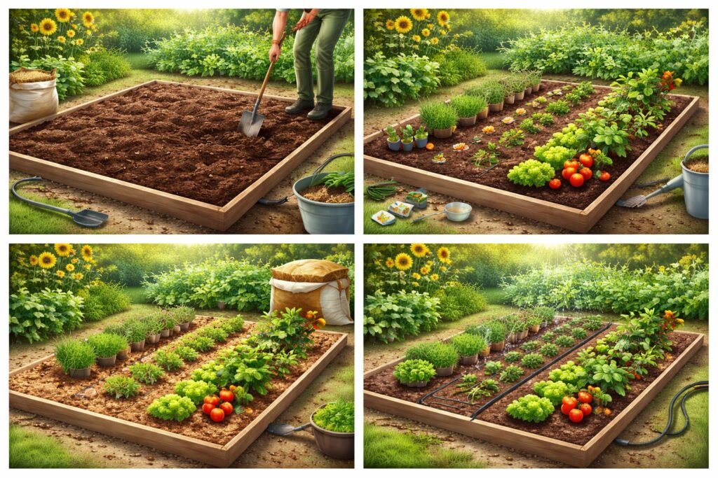 Ein Beet aus Gemüse und Kräutern mit Schritt-für-Schritt-Diagramm zur praktischen Mischkultur und Planung