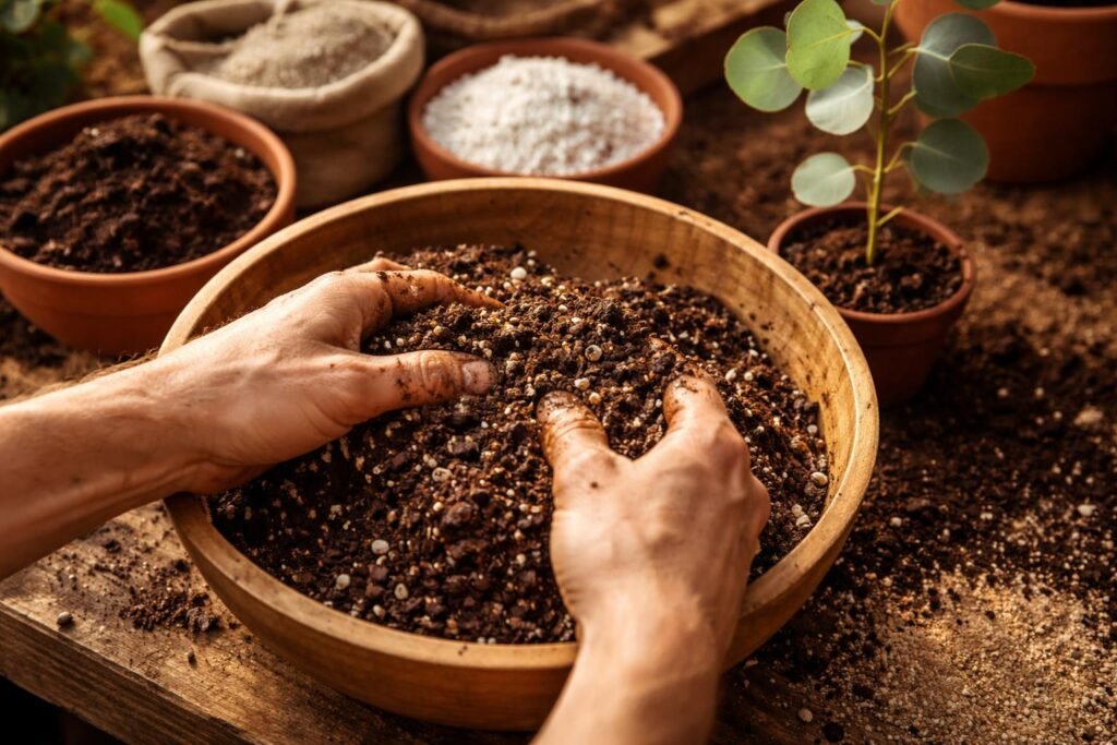Welche Erde eignet sich für Eukalyptus? Nahaufnahme von Eukalyptus-Topf mit hellem, durchlässigem Substrat, Kieselsteinen und Drainage.