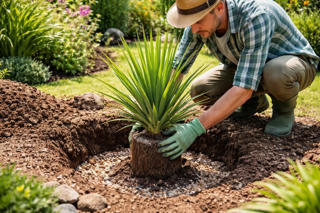 Yucca flaccida wird sonnig eingepflanzt, durchlässiger Boden, kräftige Wurzeln sichern.