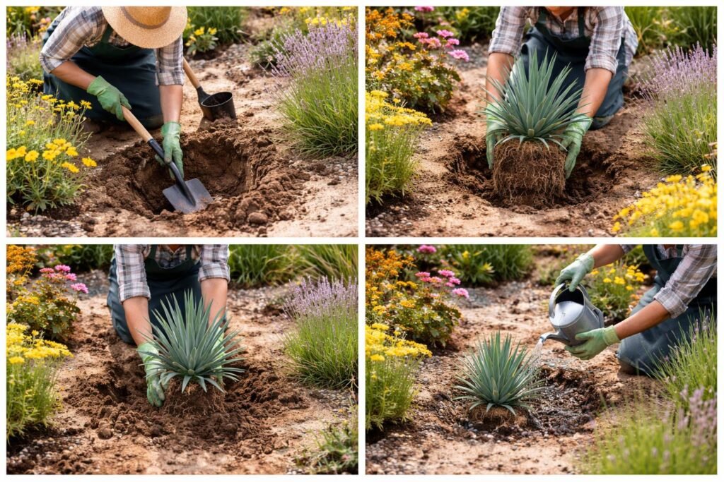 Blaugrüne Palmlilie (Yucca glauca): Pflege und Pflanzung der robusten Garten-Yucca Gartenarbeiter pflanzt eine Blaugrüne Palmlilie Yucca glauca in eine gut vorbereitete Bodenfläche.