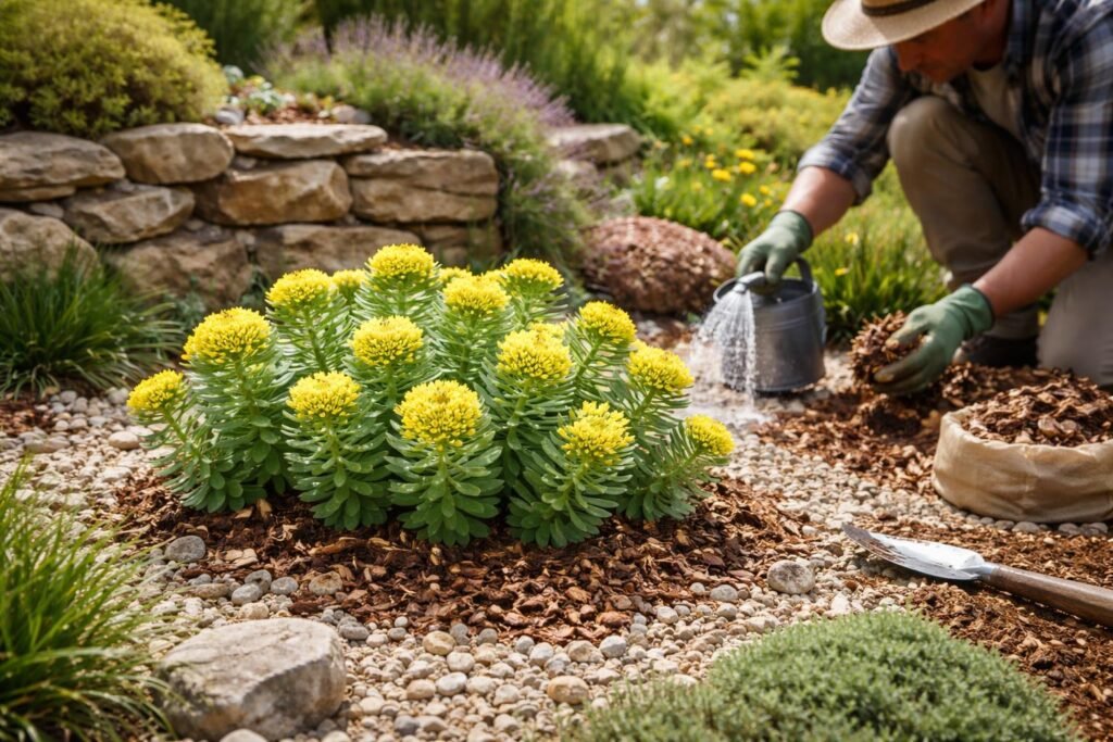 Rosenwurz (Rhodiola rosea): Pflege der außergewöhnlichen Sukkulente für den Steingarten - Rhodiola rosea im Steingarten, eine robuste sukkulente Pflanze in Sonnenlage.