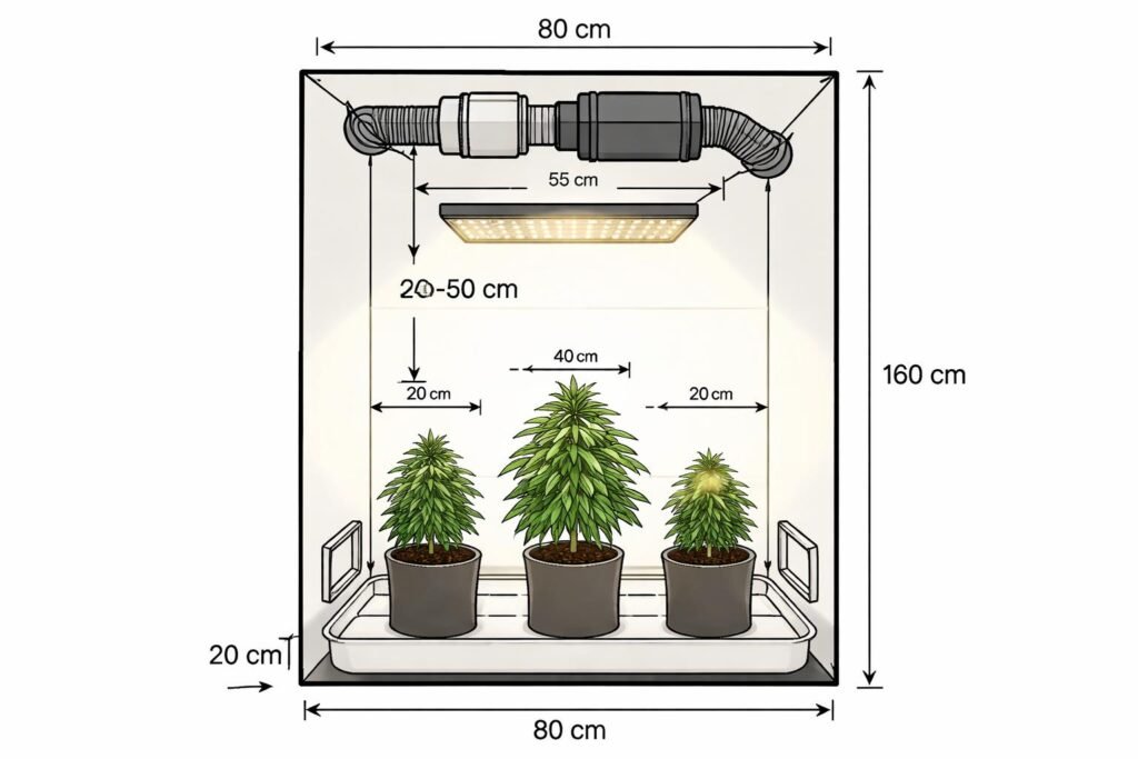 Ideale Anordnung für drei Pflanzen in einer Growbox, Raumnutzung beachten.