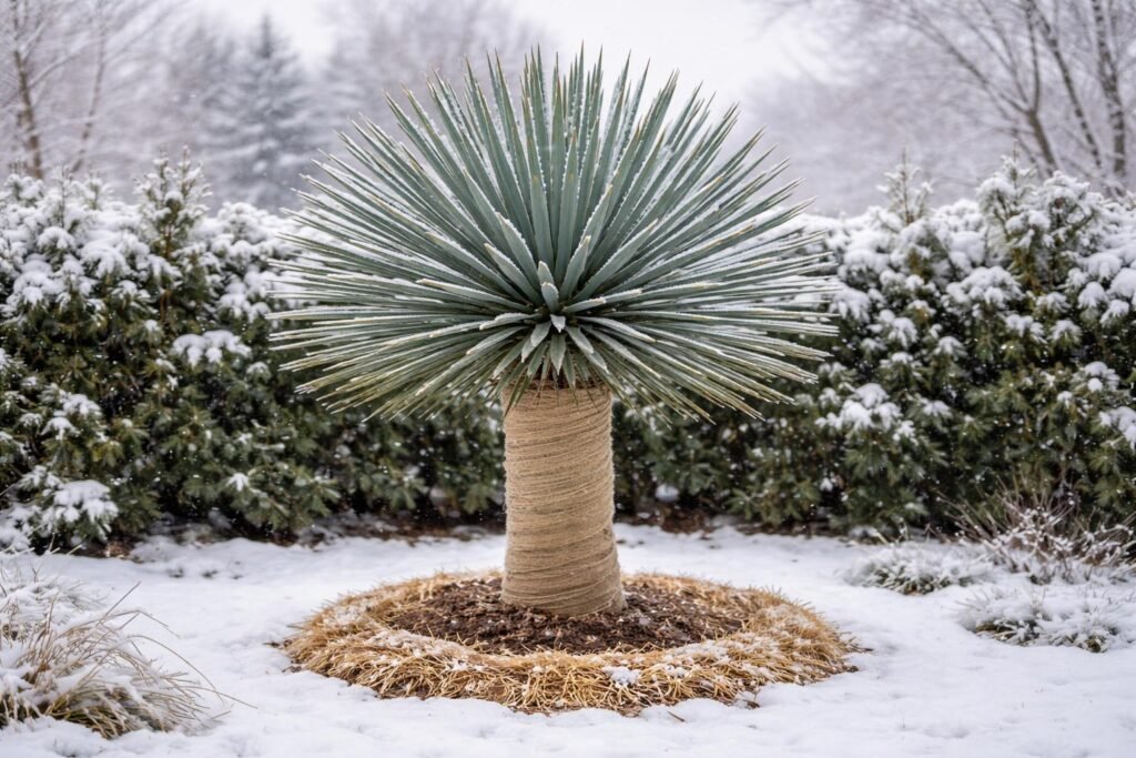 Winterharte Yucca rostrata im Garten sicher vor Frost geschützt, über den Winter gebracht