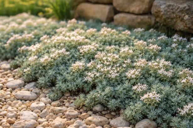 - Kompakte Spanische Fetthenne, blaue Blättchen, filigrane Sternchenblüten, idealer Bodendecker im Garten.