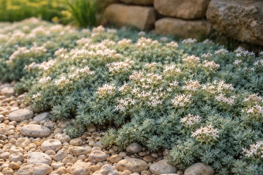 - Kompakte Spanische Fetthenne, blaue Blättchen, filigrane Sternchenblüten, idealer Bodendecker im Garten.
