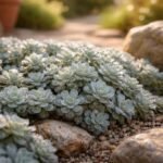 Silbrig Sedum spathulifolium-Rosetten auf einem Steingarten-Felsblock im morgendlichen Sonnenlicht und sanftem Schimmer.