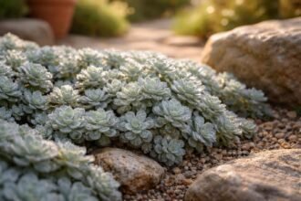 Silbrig Sedum spathulifolium-Rosetten auf einem Steingarten-Felsblock im morgendlichen Sonnenlicht und sanftem Schimmer.