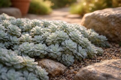 Silbrig Sedum spathulifolium-Rosetten auf einem Steingarten-Felsblock im morgendlichen Sonnenlicht und sanftem Schimmer.