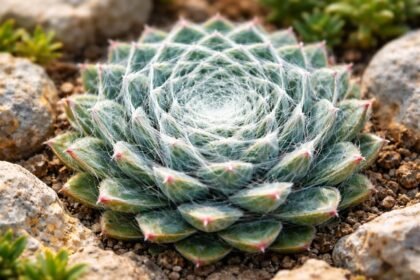 Spinnweb-Hauswurz in silbrigem Netz über geometrischen Rosetten im Garten und Balkon.