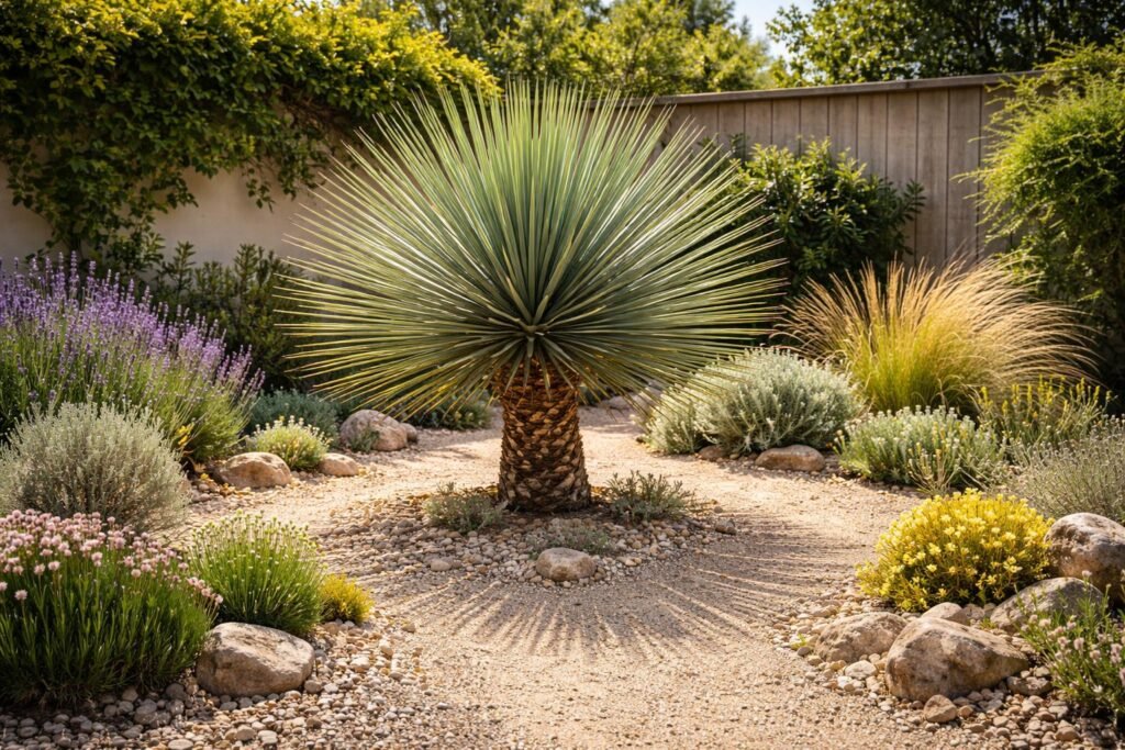 Linearblättrige Palmlilie (Yucca linearifolia): Pflege, Pflanzung und Winterschutz Nahaufnahme einer Yucca in sonnigem Gartenstandort mit sandigem Boden und viel Licht