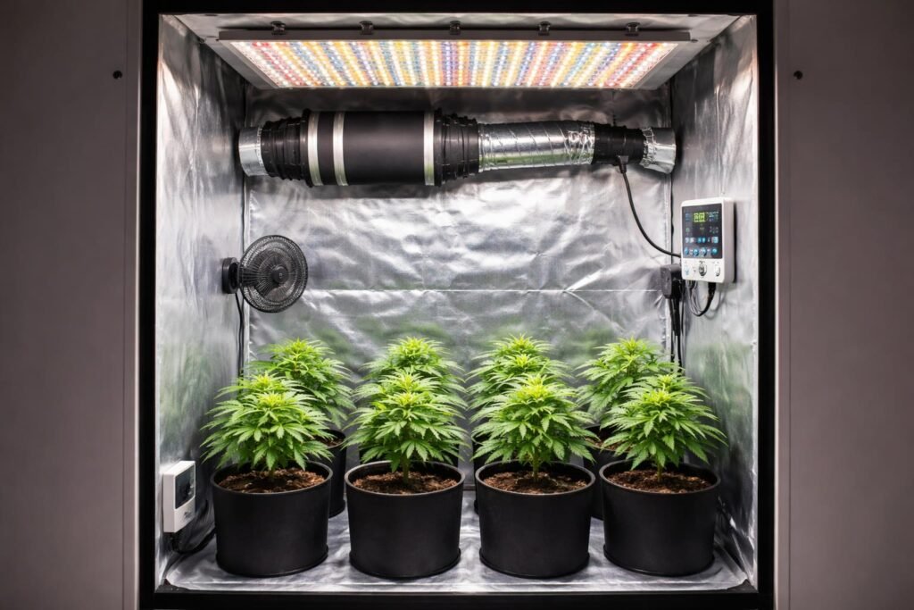 Welche Growbox eignet sich für sechs Pflanzen? - Growbox mit sechs Pflanzen, Belüftung, LED-Beleuchtung, Filter, Kabelmanagement im Fokus.