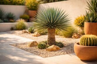 Robuste Thompson-Palmlilie Yucca thompsoniana, blaugrüne Blätter, markanter Stamm, Wüstenlook, für Garten und Balkon