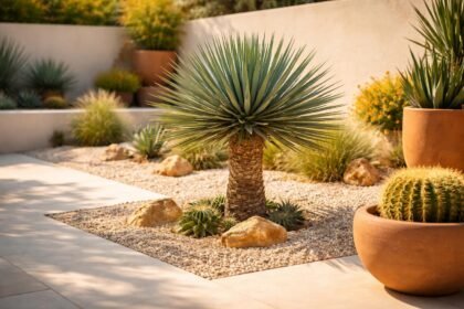 Robuste Thompson-Palmlilie Yucca thompsoniana, blaugrüne Blätter, markanter Stamm, Wüstenlook, für Garten und Balkon