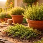- Thymianpflanze auf Balkon mit mediterranem Duft, grüne Blätter, sonnig, robust
