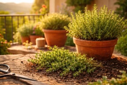 - Thymianpflanze auf Balkon mit mediterranem Duft, grüne Blätter, sonnig, robust