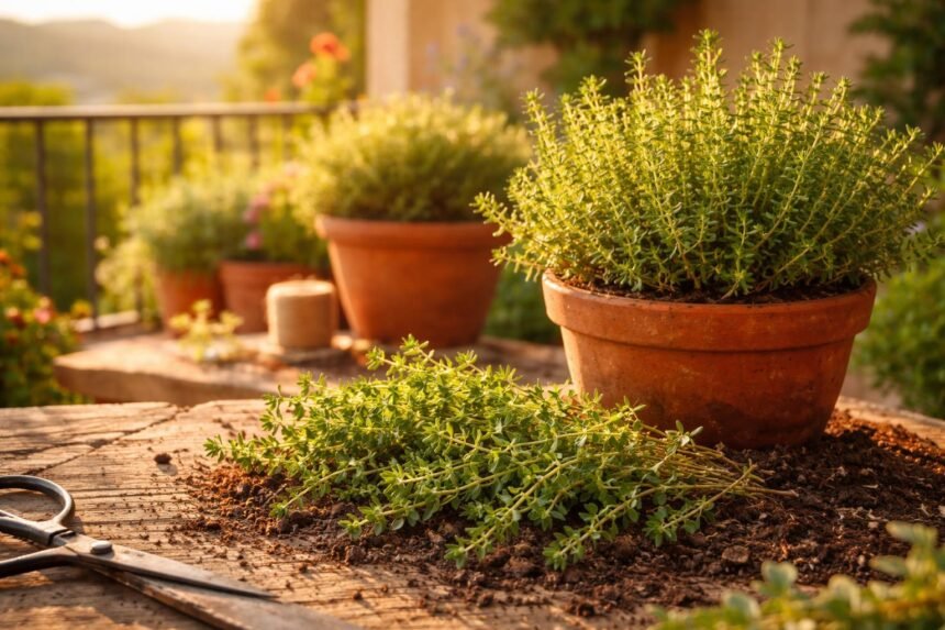Thymian pflanzen und pflegen – so bleibt das mediterrane Küchenkraut aromatisch - Thymianpflanze auf Balkon mit mediterranem Duft, grüne Blätter, sonnig, robust