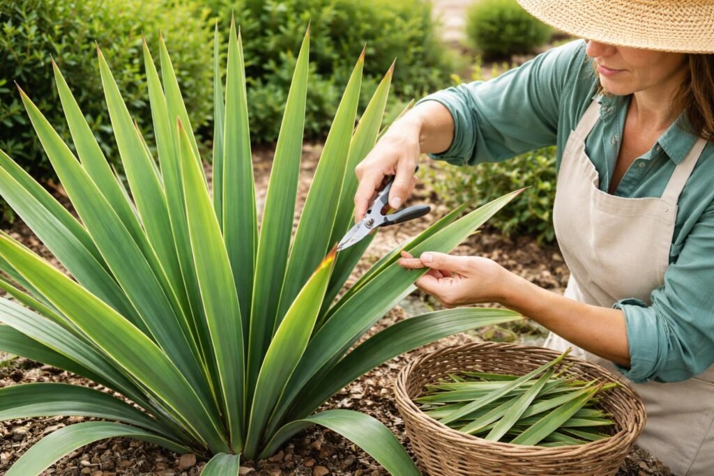 Nahaufnahme einer Yucca recurvifolia beim Rückschnitt im Garten mit scharfem Scherewerkzeug und sauberer Schnittführung