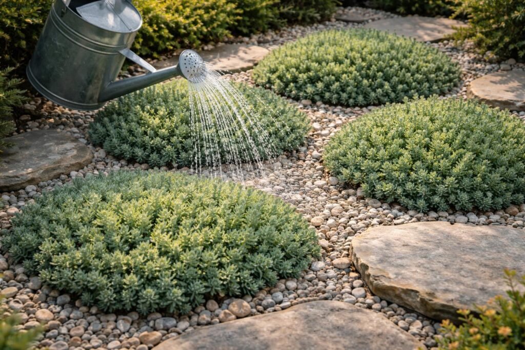 Milder Sedum sexangulare im Steingarten, pflegeleicht, gießen, Boden lockern und Dünger beachten