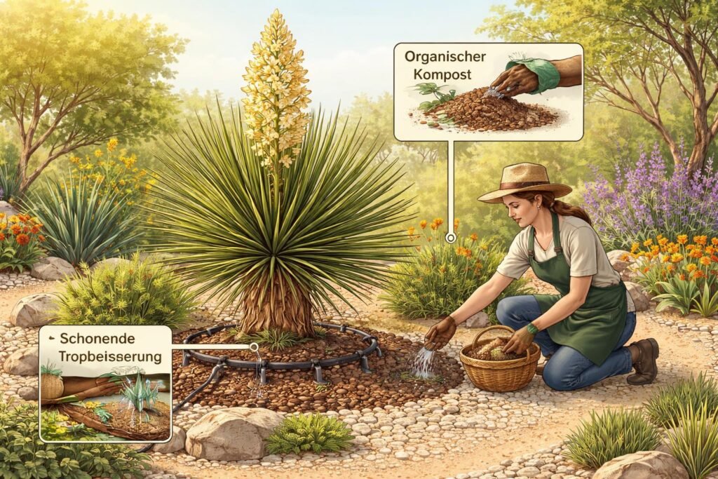 - Yucca faxoniana im Garten, robuste Pflanze, richtige Feuchtigkeit und Düngung.