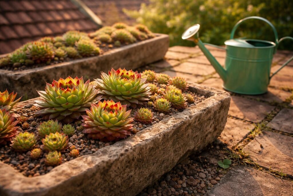Dach-Hauswurz Sempervivum tectorum gedeiht sonnig, trocken, pflegeleicht, robuste Rosetten im Bild.