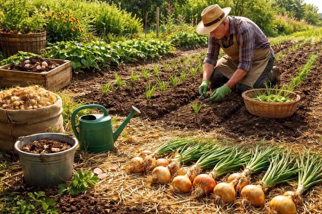 - Frisch geerntete Zwiebeln im Gemüsebeet, nährstoffreich, aromatisch, ideal für Lagerung