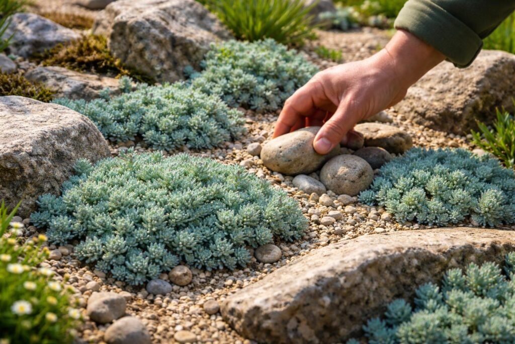 - Bild zeigt dichte Sedum-Beete im Steingartenbeet, pflegeleichte, sonnige Standorte für Sukkulenten.
