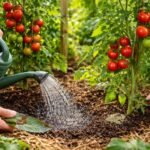 Tomatenpflanzen im Gemüsegarten beim Gießen, Düngen und Ausgeizen zu saftigen Früchten