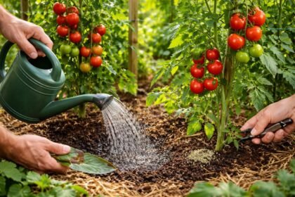 Tomatenpflanzen im Gemüsegarten beim Gießen, Düngen und Ausgeizen zu saftigen Früchten