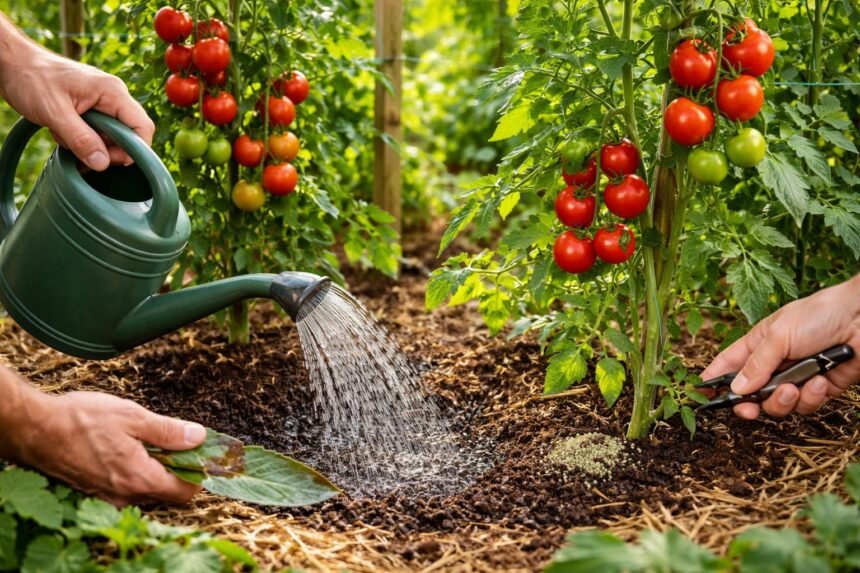 Tomatenpflanzen im Gemüsegarten beim Gießen, Düngen und Ausgeizen zu saftigen Früchten