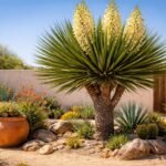 Trecul-Palmlilie Yucca treculeana vor trockener Wüstenlandschaft, sonnig glänzend und robuster Gartenpflanze für Balkon im Sommer.