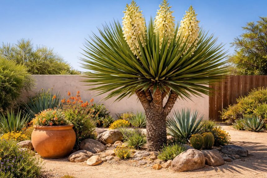 Trecul-Palmlilie (Yucca treculeana): Standort, Gießen und Überwinterung richtig meistern Trecul-Palmlilie Yucca treculeana vor trockener Wüstenlandschaft, sonnig glänzend und robuster Gartenpflanze für Balkon im Sommer.