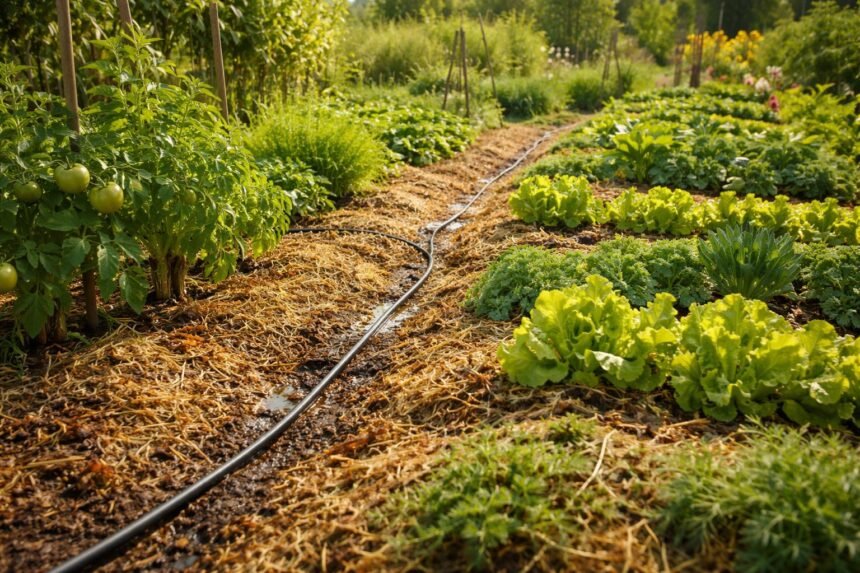 - Boden bedeckt durch Mulch schützt Pflanzen vor Verdunstung und spart Wasser.