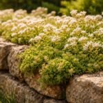 - Robuster Bodendecker Sedum album mit fleischigen Blättern und weißen Blüten im Garten.