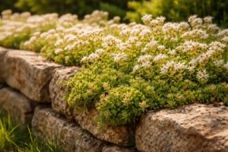 - Robuster Bodendecker Sedum album mit fleischigen Blättern und weißen Blüten im Garten.