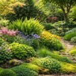 Vielfalt der Pflanzen im Garten: Bodendecker; Sträucher; Bäume; Kräuter; Blumen