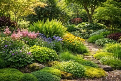 Vielfalt der Pflanzen im Garten: Bodendecker; Sträucher; Bäume; Kräuter; Blumen