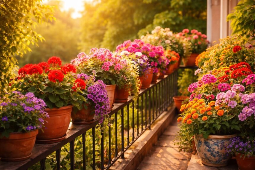 Balkon voller Blüten in Töpfen, sonnig oder schattig, abwechslungsreich und lebendig.