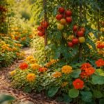 - Mischkultur stärkt Tomatenpflanzen; Blumen locken bestäubende Insekten; Ernte wird reicher