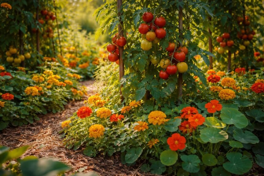- Mischkultur stärkt Tomatenpflanzen; Blumen locken bestäubende Insekten; Ernte wird reicher