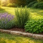 Bild mit drei zeckenabweisenden Pflanzen im Garten, Frühling, sonnig, Frühjahrsmorgen