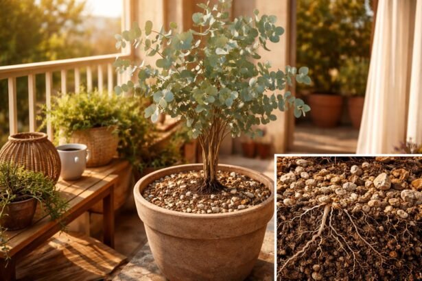 Nahaufnahme von Eukalyptusblättern, trockenem Boden und Topf mit frischer Erde.