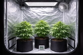 - Drei Pflanzen in einer kompakten Growbox; Beleuchtung, Belüftung, Klima im Fokus