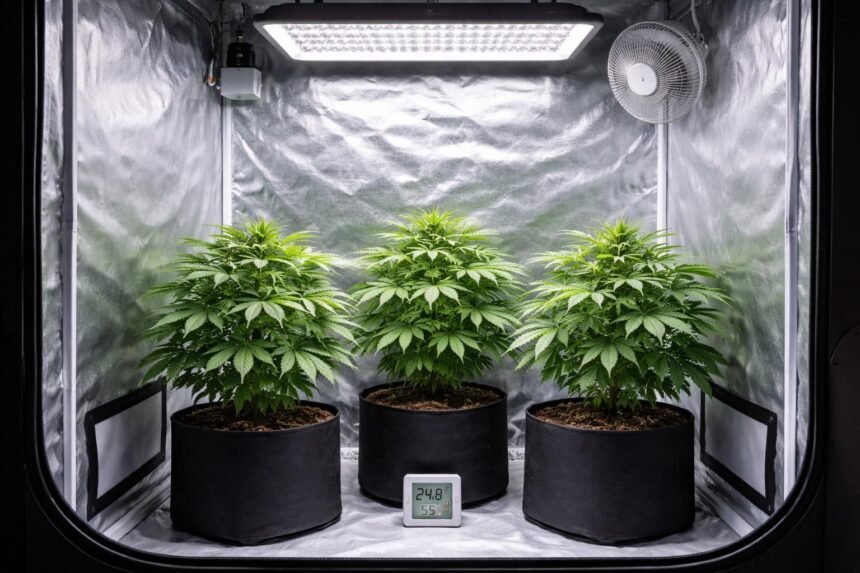 - Drei Pflanzen in einer kompakten Growbox; Beleuchtung, Belüftung, Klima im Fokus