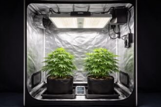 - Zwei Pflanzen in der Growbox, kompakte Beleuchtung, Belüftung und Sicherheit.